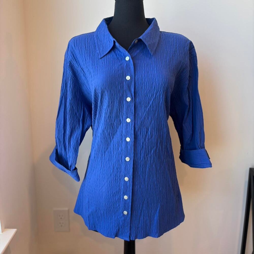 Denim and Co. Bright Blue 100% Cotton Collared Cuffed Button Up Blouse Sz 2X